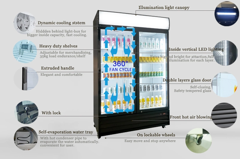 Glass Door Upright Merchandiser with Fan Cooling and 1000L Volume